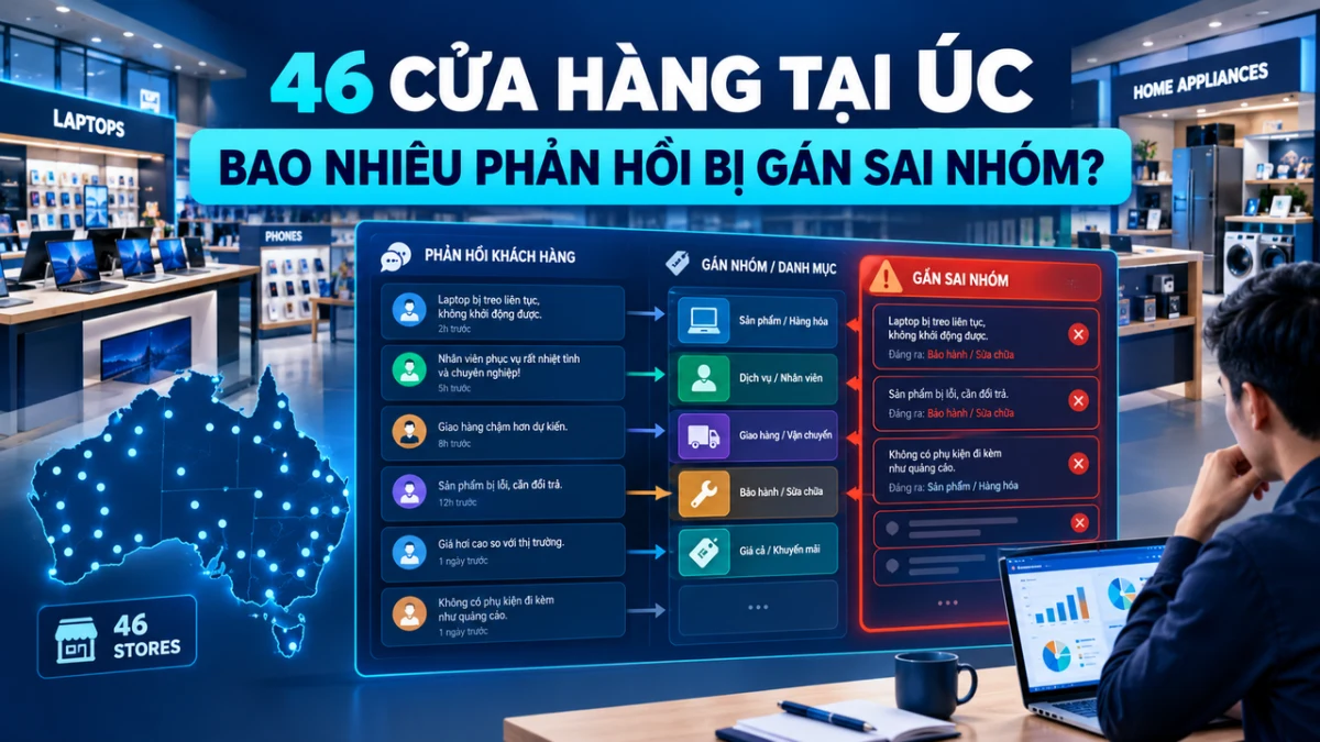Bài test tuyển dụng Data Analyst — Chuỗi Bán Lẻ Thiết Bị Công Nghệ 46 Cửa Hàng Tại Úc: Bao Nhiêu Phản Hồi Khách Bị Gán Sai Nhóm?