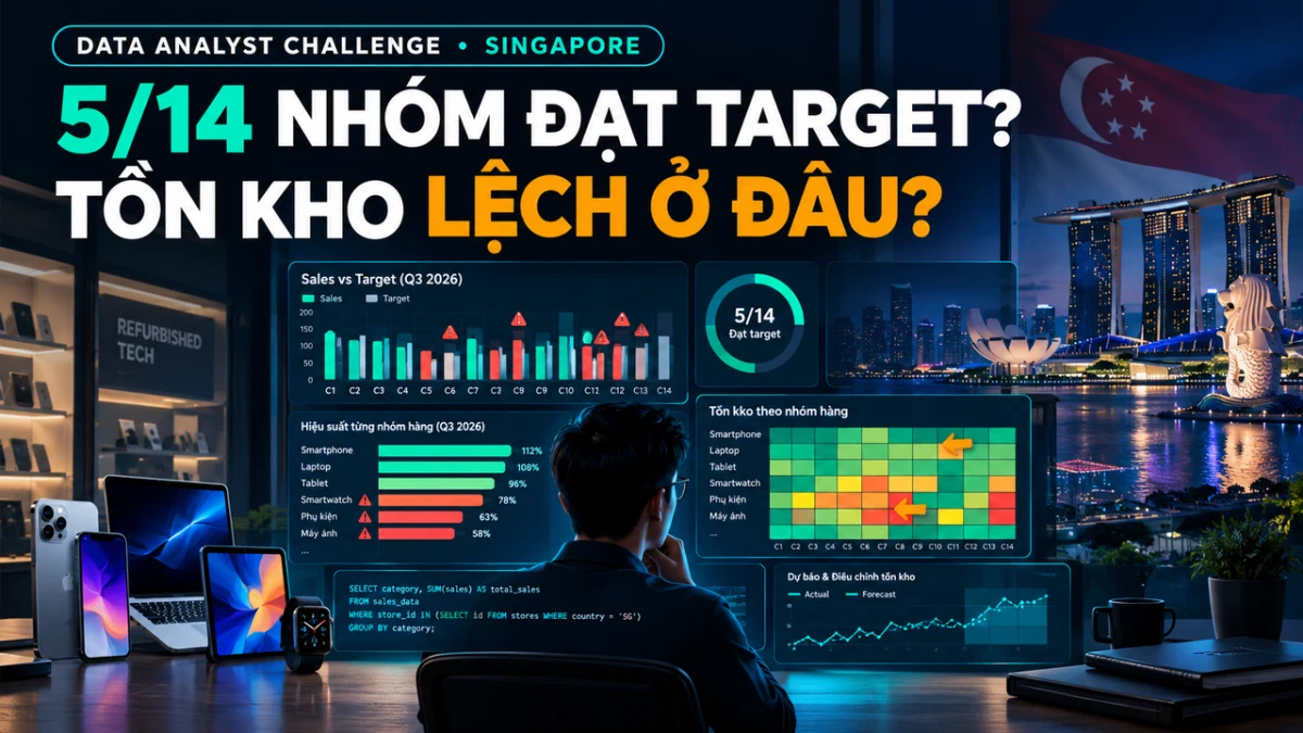 Bài test tuyển dụng Data Analyst — Chuỗi Bán Lẻ Thiết Bị Công Nghệ Cũ 40 Cửa Hàng Tại Singapore: Nhóm Hàng Nào Trượt Target Và Tồn Kho Đang Lệch Ở Đâu?