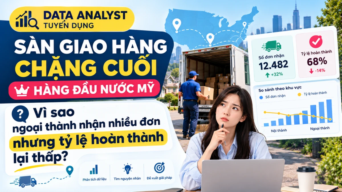 Bài test tuyển dụng Data Analyst — Sàn Giao Hàng Chặng Cuối Hàng Đầu Nước Mỹ: Vì Sao Ngoại Thành Nhận Nhiều Đơn Nhưng Tỷ Lệ Hoàn Thành Lại Thấp?